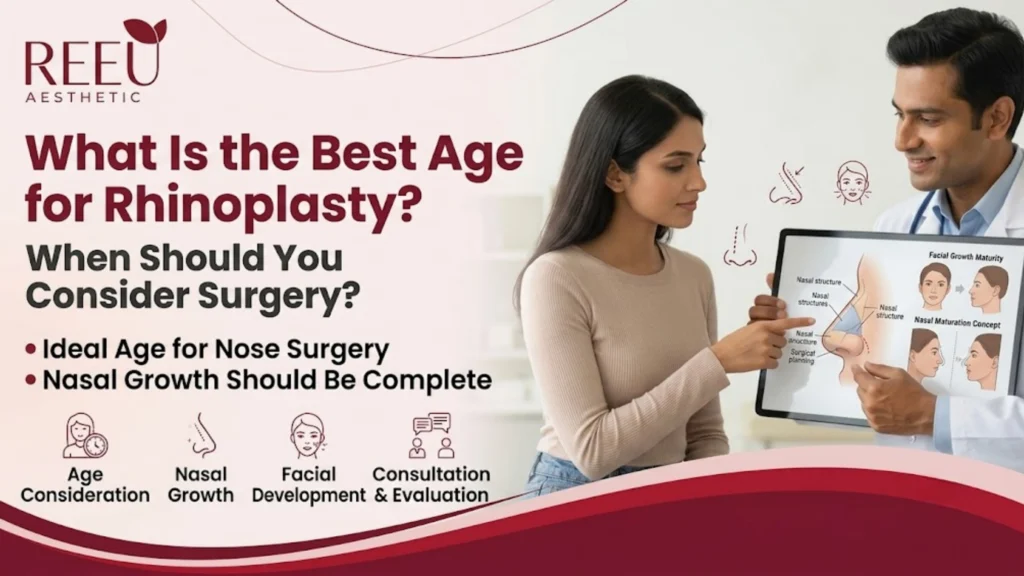 Plastic surgeon explaining the best age for rhinoplasty to a patient