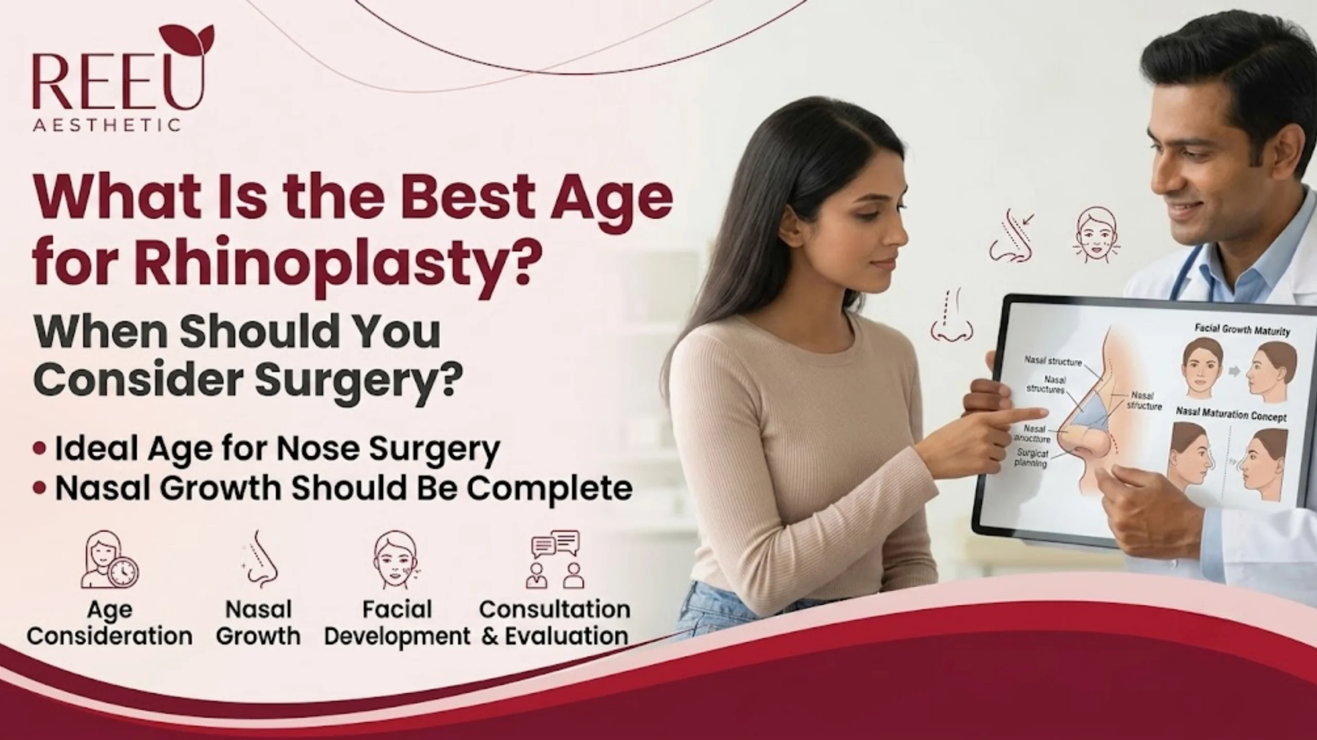 Plastic surgeon explaining the best age for rhinoplasty to a patient